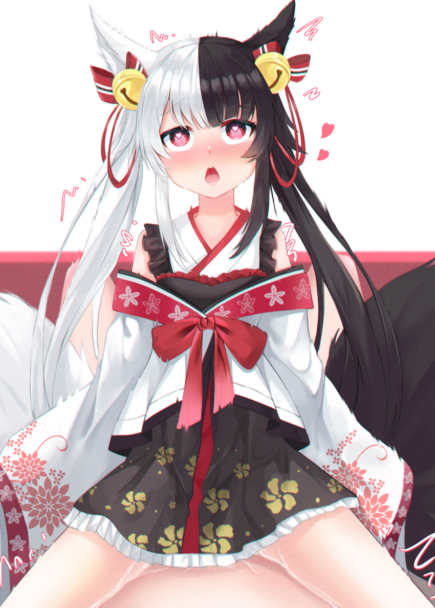 1boy 1girl alice_mana alice_mana_channel animal_ears blush clothed_sex cowgirl_position cum cum_in_pussy fox_ears fox_tail hair_ornament heart heart-shaped_pupils hetero highres japanese_clothes kimono kimono_skirt marc09 multicolored_hair open_mouth pussy_juice red_eyes saliva sex straddling symbol-shaped_pupils tail twintails virtual_youtuber