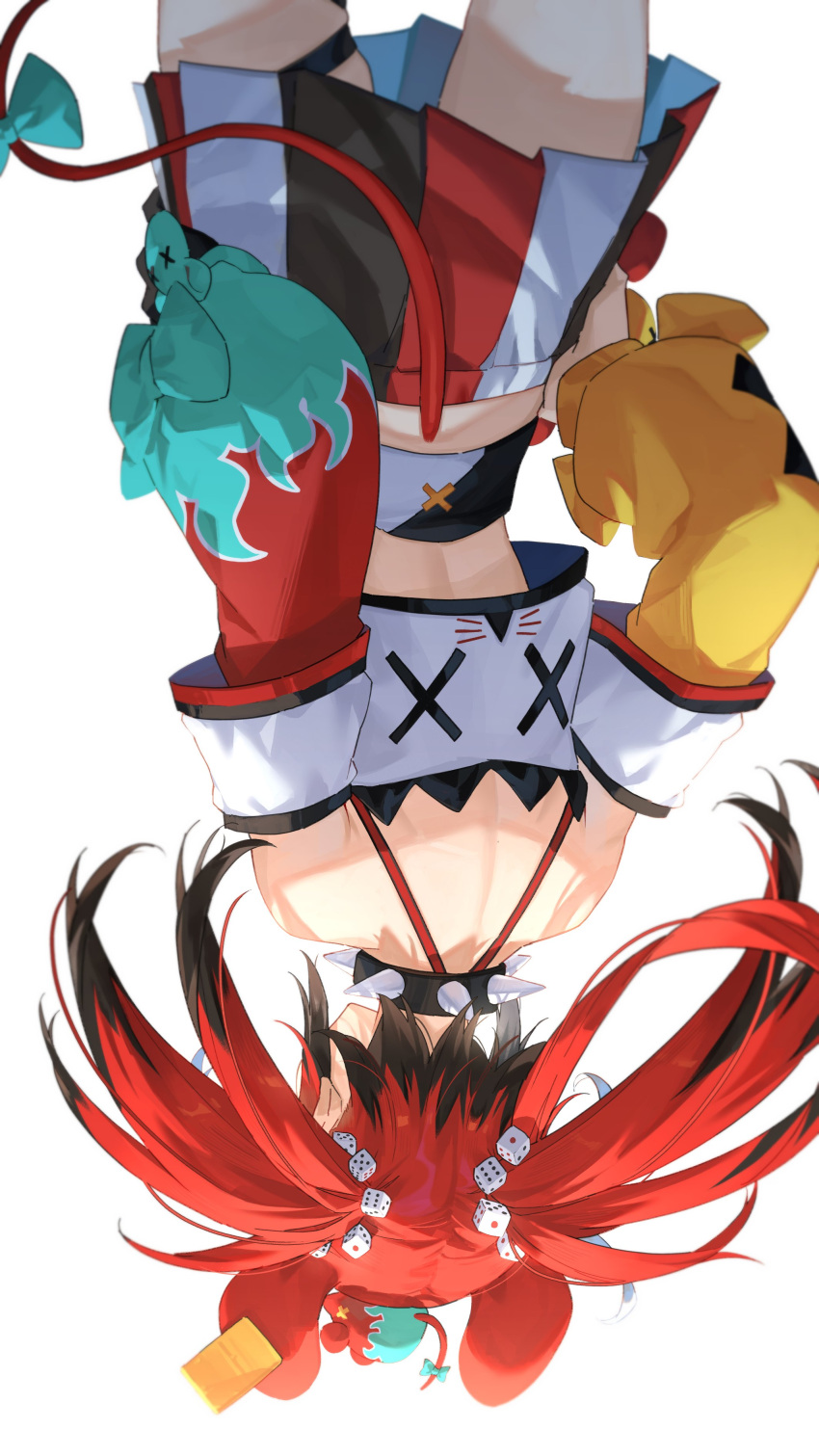1girl absurdres animal_ears back black_hair bow collar detached_sleeves dice_hair_ornament hair_ornament hakos_baelz highres hololive hololive_english mouse_ears mouse_tail mr._squeaks_(hakos_baelz) multicolored_hair rat red_hair simple_background skirt solo spiked_collar spikes tail tail_bow tail_ornament tsukino_(nakajimaseiki) twintails upside-down virtual_youtuber white_background