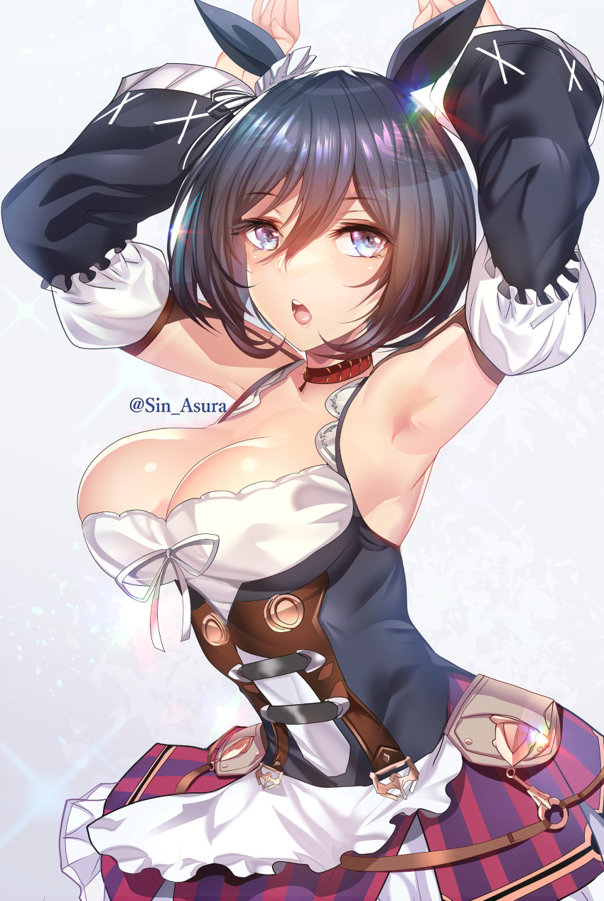 1girl absurdres animal_ears armpits arms_up belt black_hair black_ribbon blue_eyes breasts brown_belt bunny_pose cleavage collar commentary corset cowboy_shot detached_sleeves dirndl eishin_flash_(umamusume) eyebrows_visible_through_hair eyelashes frilled_skirt frills german_clothes glint grey_background hair_between_eyes hair_ribbon highres horse_ears horse_girl large_breasts looking_at_viewer o-ring open_mouth purple_skirt rainbow red_collar ribbon short_hair silly_(marinkomoe) simple_background skirt solo striped twitter_username umamusume underbust vertical-striped_skirt vertical_stripes