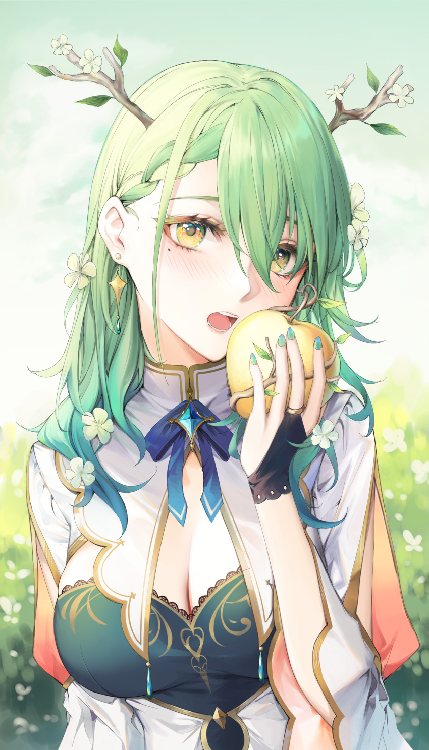 1girl absurdres apple braid branch breasts ceres_fauna cleavage earrings flower food french_braid fruit golden_apple green_eyes green_hair hair_flower hair_ornament highres hololive hololive_english horns jewelry long_hair mole mole_under_eye nail_polish open_mouth solo upper_body virtual_youtuber yamiiv