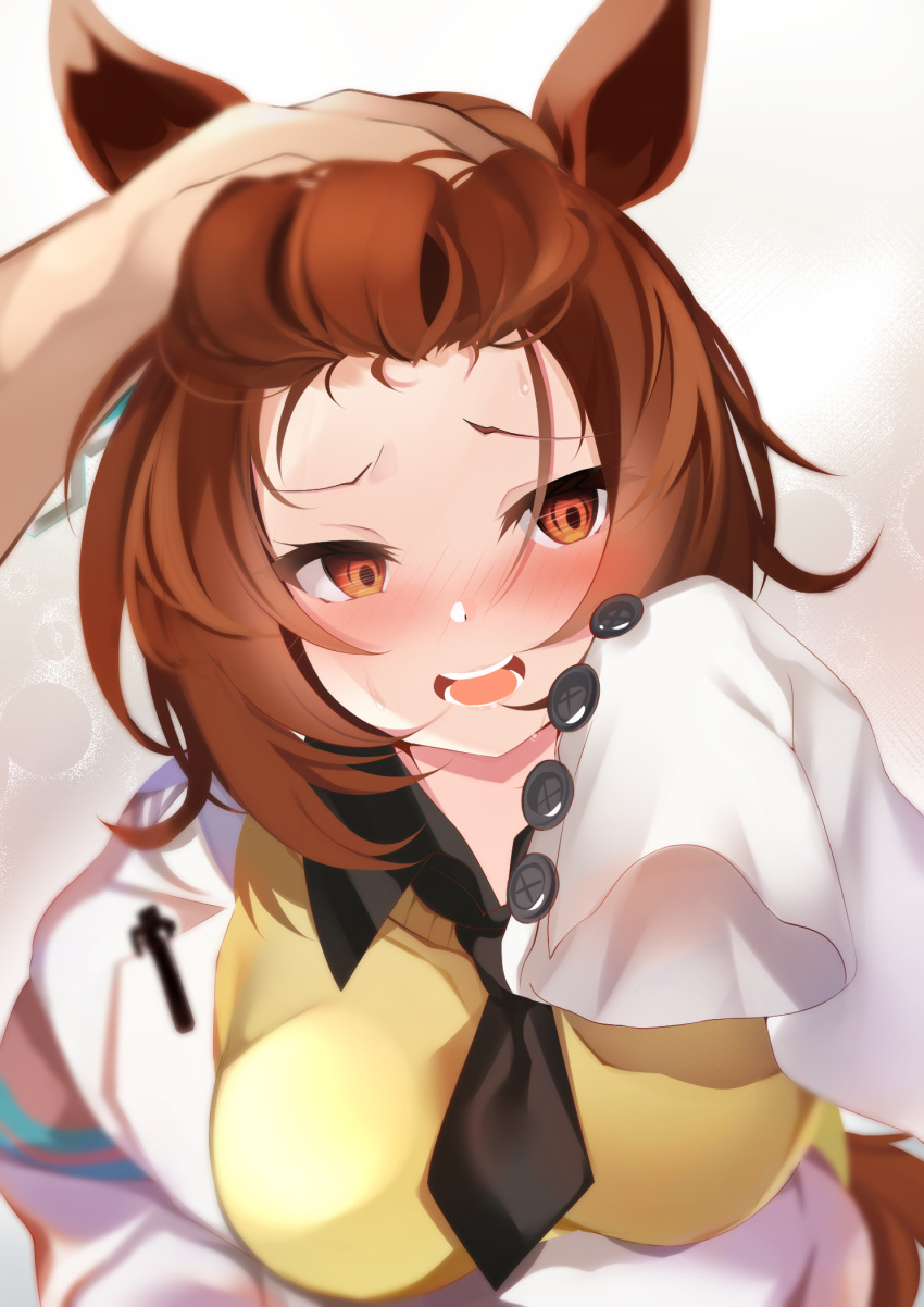 1girl agnes_tachyon_(umamusume) animal_ears black_neckwear blush breasts brown_hair commentary_request embarrassed forehead headpat highres horse_ears labcoat long_sleeves looking_away looking_down medium_breasts moneko1107 necktie nervous nose_blush open_mouth orange_eyes short_hair sleeves_past_fingers sleeves_past_wrists solo_focus sweater umamusume upper_body wing_collar yellow_sweater