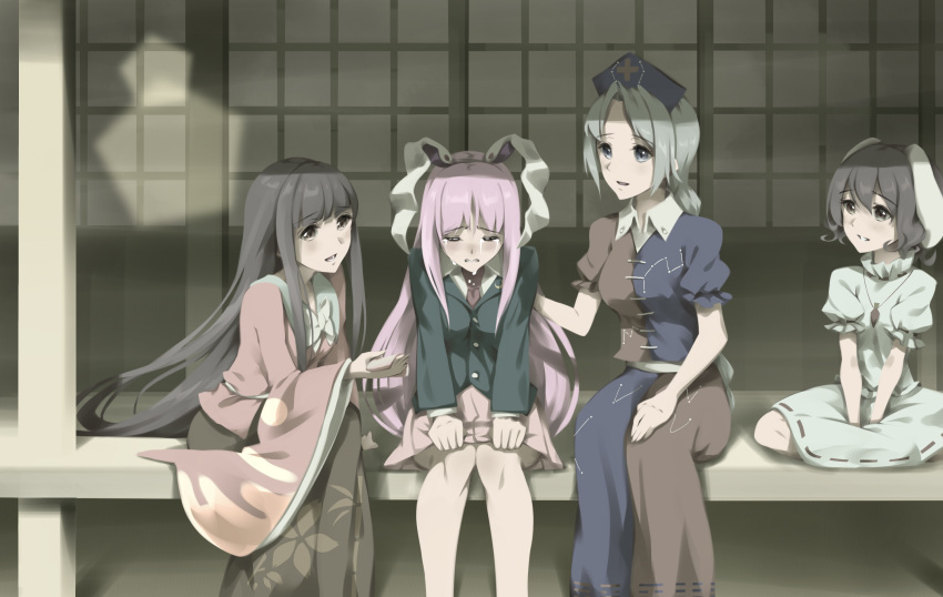 4girls animal_ears bangs belt black_jacket black_sleeves blouse blue_dress blue_headwear blue_sleeves blush bow braid breasts brown_eyes brown_hair brown_skirt buttons carrot_necklace closed_eyes closed_mouth collar consoling constellation constellation_print crescent cross crying door dress eyebrows_visible_through_hair frills grey_eyes grey_hair hair_between_eyes hand_up hat highres houraisan_kaguya inaba_tewi jacket long_hair long_sleeves looking_at_another medium_breasts multicolored multicolored_clothes multicolored_dress multiple_girls open_mouth otomeza_ryuseigun pink_blouse pink_hair pink_skirt pink_sleeves puffy_short_sleeves puffy_sleeves rabbit_ears red_dress red_sleeves reisen_udongein_inaba shadow shirt short_hair short_sleeves sitting skirt smile tears teeth touhou white_belt white_bow white_dress white_shirt white_sleeves wide_sleeves yagokoro_eirin