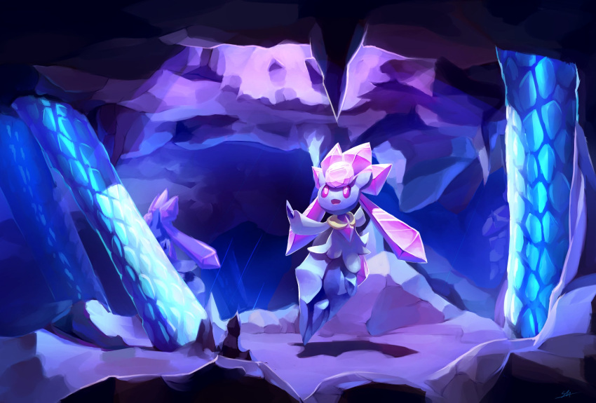 cave_interior commentary diancie full_body gen_6_pokemon highres likey looking_up mythical_pokemon no_humans outstretched_arms pokemon pokemon_(creature) purple_eyes stalactite stalagmite