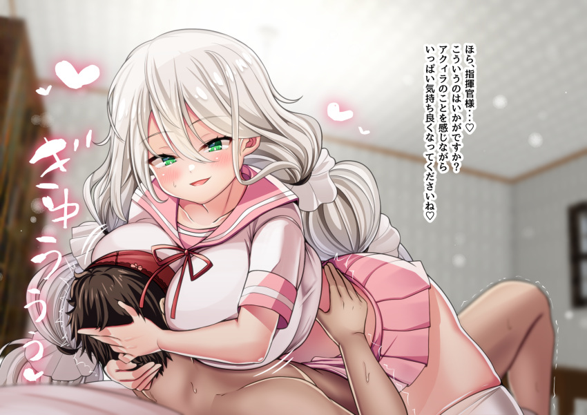 1boy 1girl aquila_(azur_lane) azur_lane bed bedroom blush breast_smother breasts commander_(azur_lane) face_to_breasts femdom furniture green_eyes hetero highres hug huge_breasts plump smile takimoto_yukari thick_thighs thighhighs thighs translation_request white_hair