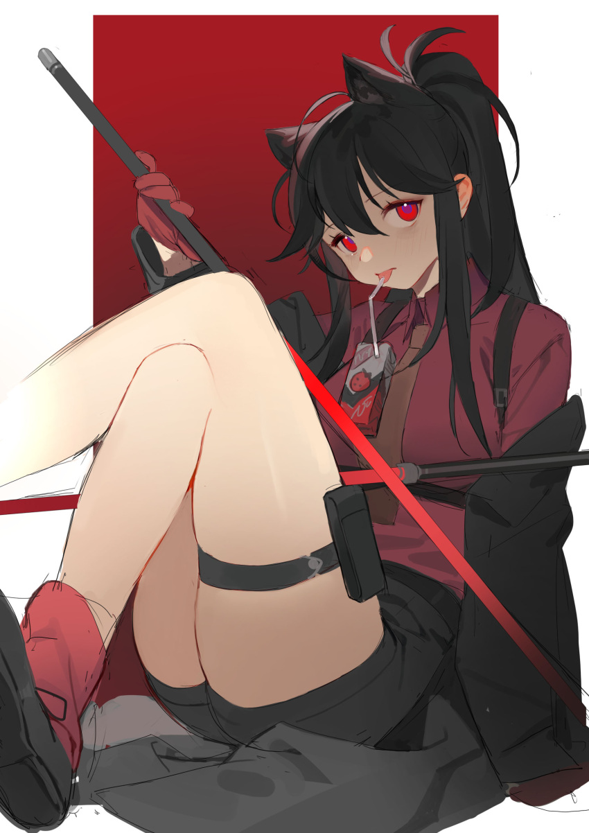 1girl absurdres animal_ears arknights bahao_diqiu black_hair black_jacket black_shorts brown_neckwear dress_shirt drinking_straw extra_ears foot_out_of_frame gloves highres holding holding_sword holding_weapon jacket juice_box knees_up looking_at_viewer necktie off_shoulder official_alternate_costume ponytail red_background red_footwear red_gloves red_shirt shirt shorts simple_background sitting solo sword texas_(arknights) texas_(willpower)_(arknights) thigh_strap thighs tongue tongue_out two-tone_background weapon white_background wolf_ears
