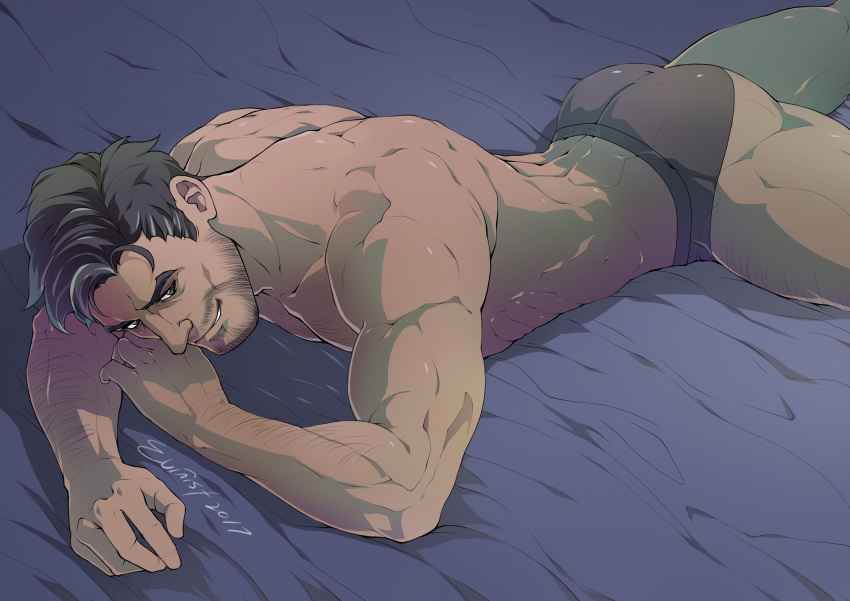 1boy absurdres arm_hair ass bara beard black_eyes black_hair briefs dream_daddy:_a_dad_dating_simulator evinist facial_hair feet_out_of_frame grin highres lying male_focus male_underwear mature_male muscular muscular_male on_bed on_stomach robert_(dream_daddy) short_hair smile solo teeth thick_thighs thighs underwear