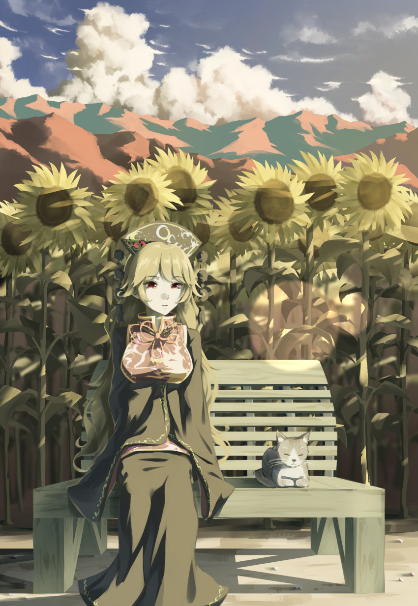 1girl absurdres animal animal_ears bangs bench black_dress black_headwear black_sleeves blonde_hair blue_sky bow bowtie breasts cat cat_ears cat_tail chinese_clothes closed_eyes closed_mouth cloud cloudy_sky colored_skin crescent dress eyebrows_visible_through_hair flower grey_skin ground hat highres junko_(touhou) leaf long_hair long_sleeves medium_breasts mountain otomeza_ryuseigun phoenix_crown pom_pom_(clothes) red_eyes red_vest scenery shadow sitting sky smile sunflower sunlight tabard tail touhou vest white_skin yellow_bow yellow_flower yellow_neckwear