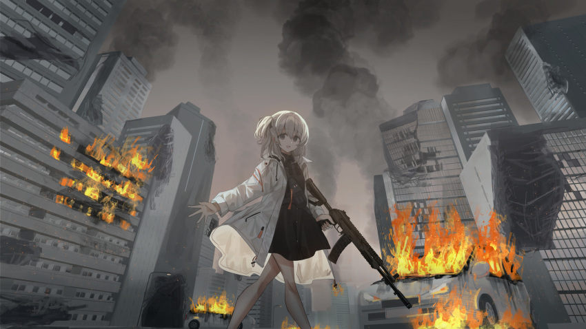 1girl :d ak-12 assault_rifle black_shirt black_skirt brown_legwear building burning car chihuri collared_shirt commentary damaged fire grey_eyes grey_hair ground_vehicle gun highres holding holding_gun holding_weapon jacket kalashnikov_rifle long_sleeves looking_at_viewer motor_vehicle one_side_up open_clothes open_jacket open_mouth original outdoors pantyhose rifle shirt skirt skyscraper smile smoke solo weapon white_jacket