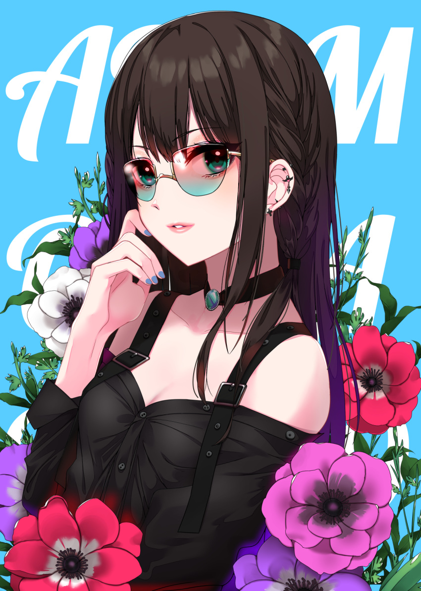 1girl anemone_(flower) bangs belt belt_buckle black_hair black_shirt blue_background blue_nails braid breasts buckle choker cleavage collarbone finger_to_cheek flower green_eyes hair_over_shoulder hair_tie highres idolmaster idolmaster_cinderella_girls lips long_hair long_sleeves maou_(demonlord) nail_polish off-shoulder_shirt off_shoulder piercing purple_flower red_flower shibuya_rin shirt sidelocks smile solo sunglasses tinted_eyewear upper_body white_flower