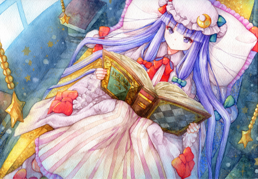 1girl argyle bangs blunt_bangs book boots commentary_request crescent crescent_hat_ornament eyebrows_visible_through_hair feet_out_of_frame hat hat_ornament holding holding_book indoors knees_together_feet_apart long_hair mob_cap naru_din on_bed open_book painting_(medium) patchouli_knowledge pillow pink_headwear purple_eyes purple_hair reading solo star_(symbol) striped touhou traditional_media vertical_stripes very_long_hair watercolor_(medium) window