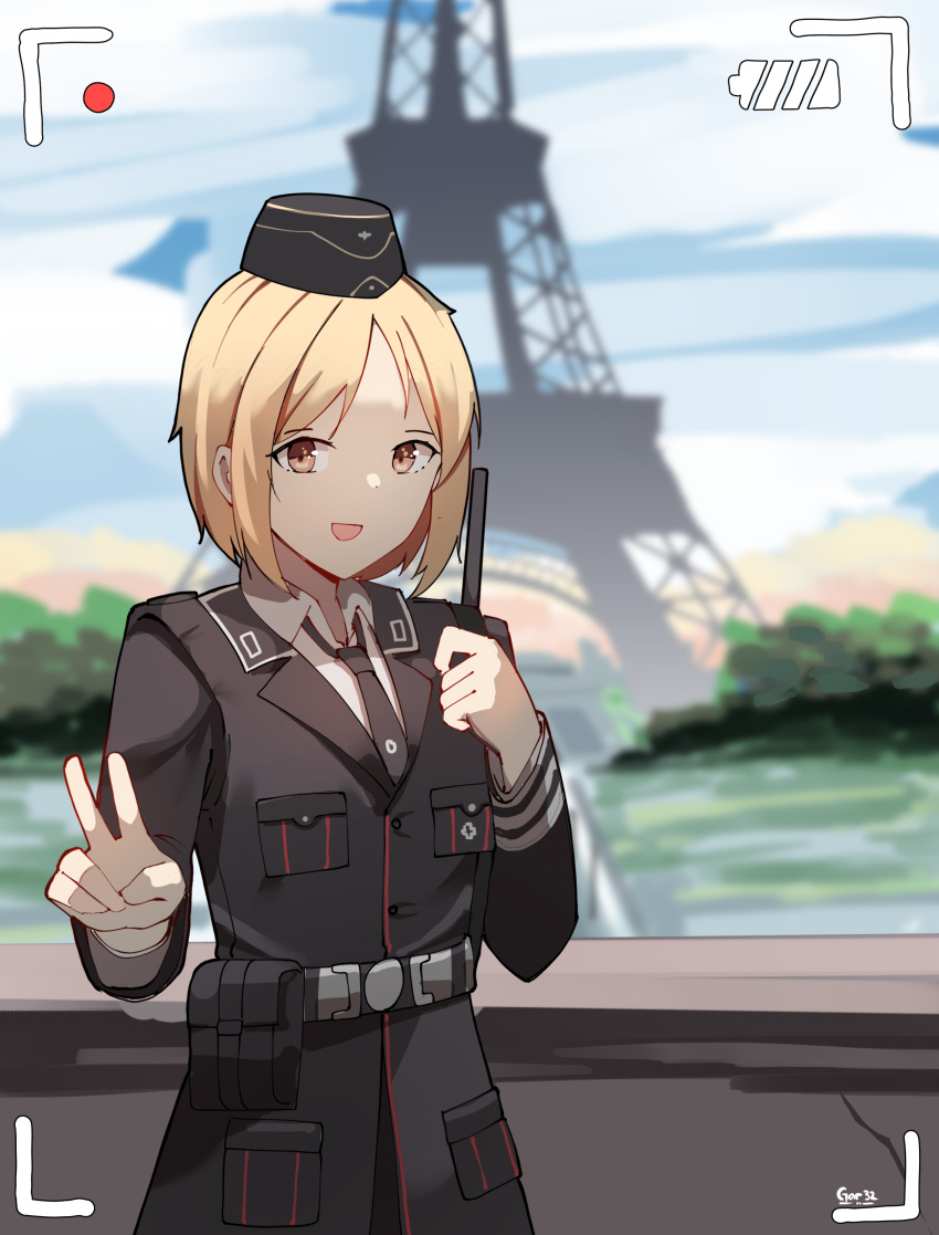 1girl :d absurdres artist_name black_headwear black_jacket black_neckwear blonde_hair blurry blurry_background brown_eyes collared_shirt commentary day depth_of_field eiffel_tower english_commentary gar32 garrison_cap girls'_frontline hat highres historical_connection iron_cross jacket long_sleeves looking_at_viewer military military_hat military_uniform mini_hat mp40_(girls'_frontline) necktie open_mouth outdoors paris photo_(object) river shirt short_hair signature smile solo taking_picture uniform v viewfinder water wehrmacht white_shirt