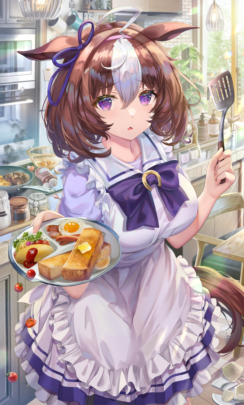 1girl @_@ animal_ears apron bangs bottle bow bowtie breasts brown_hair commentary_request cowboy_shot eyebrows_visible_through_hair food french_toast fried_egg frilled_apron frills frying_pan hair_between_eyes hands_up hanging_light highres holding holding_plate holding_spatula horse_ears horse_girl horse_tail horseshoe_ornament indoors jar ketchup kitchen large_breasts looking_at_viewer medium_hair meisho_doto_(umamusume) multicolored_hair omurice parted_lips plant plate potted_plant purple_bow purple_eyes purple_neckwear purple_shirt sausage school_uniform shirt short_sleeves skirt solo spatula standing streaked_hair tail torino_akua tracen_school_uniform umamusume white_apron white_hair white_skirt