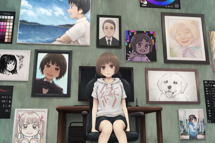 2boys animal black_hair bob_cut brown_eyes brown_hair chair commentary computer dog formal glasses multiple_boys multiple_girls office_chair old old_woman original painting_(object) portrait_(object) short_hair short_shorts shorts sitting suit twintails user_interface yajirushi_(chanoma)