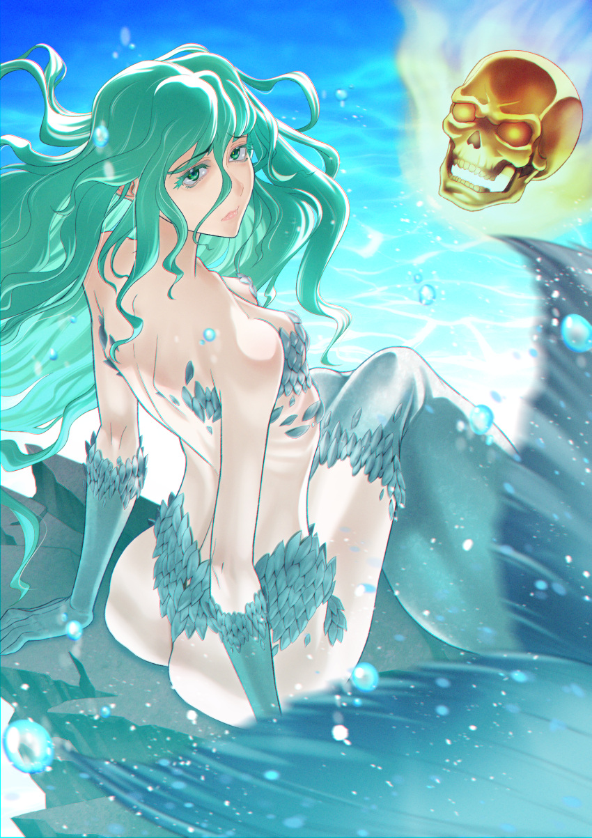 1girl absurdres ass fire flat_chest floating_skull green_eyes green_hair highres l2_echo long_hair looking_at_viewer mermaid mermaid_(shin_megami_tensei) monster_girl scales shin_megami_tensei shin_megami_tensei_v simple_background skull solo webbed_hands