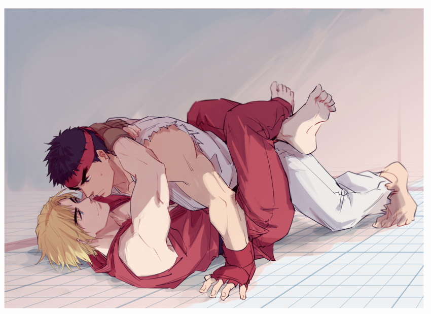 2boys alternate_skin_color bara bare_shoulders barefoot between_thighs couple crossed_legs dougi eye_contact full_body grin headband imminent_kiss ken_masters looking_at_another male_focus multiple_boys muscular muscular_male on_person pants red_pants red_shirt ryu_(street_fighter) shirt short_hair sleeveless smile street_fighter white_pants yaoi yuiofire
