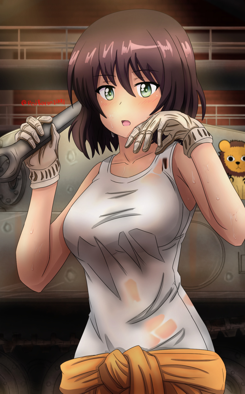 1girl artist_name breasts brown_hair caterpillar_tracks girls_und_panzer gloves ground_vehicle highres hoshino_(girls_und_panzer) looking_at_viewer military military_vehicle motor_vehicle open_mouth redbaron shirt short_hair sweat t-shirt tank tiger_(p) wrench