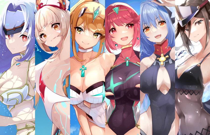 6+girls absurdres alternate_costume android black_swimsuit breasts chest_jewel collage column_lineup competition_swimsuit highres kos-mos_re: large_breasts morag_ladair_(obligatory_leave)_(xenoblade) morag_ladair_(xenoblade) multiple_girls mythra_(radiant_beach)_(xenoblade) mythra_(xenoblade) nia_(blade)_(xenoblade) nia_(xenoblade) one-piece_swimsuit poppi_(xenoblade) poppi_qtpi_(xenoblade) pyra_(pro_swimmer)_(xenoblade) pyra_(xenoblade) red_swimsuit risumi_(taka-fallcherryblossom) swimsuit two-tone_swimsuit xenoblade_chronicles_(series) xenoblade_chronicles_2