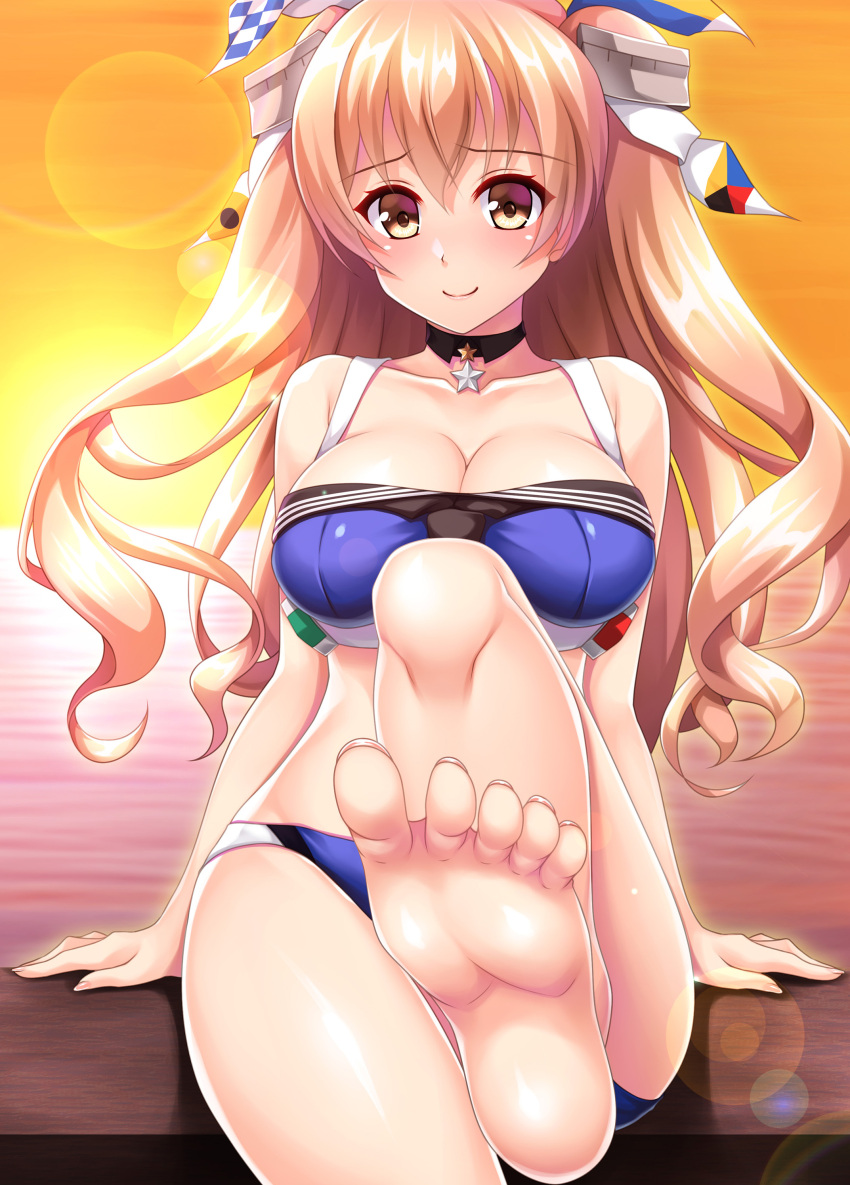 1girl absurdres bare_arms bare_legs bare_shoulders barefoot bikini blue_bikini blush breasts brown_eyes cleavage closed_mouth collarbone eyebrows_visible_through_hair hair_between_eyes highres johnston_(kancolle) kantai_collection large_breasts light_brown_hair long_hair ruin_re_birth solo swimsuit toes two_side_up