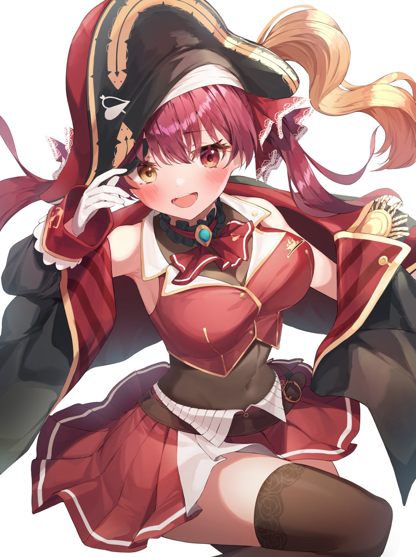 1girl :d absurdres adjusting_clothes adjusting_headwear armpits bangs black_legwear commentary_request eyebrows_visible_through_hair gloves hair_between_eyes hair_ribbon hat heterochromia highres hololive houshou_marine long_hair looking_at_viewer munseonghwa off_shoulder open_mouth pirate_hat pleated_skirt red_hair ribbon sidelocks skirt smile solo thighhighs twintails virtual_youtuber white_background white_gloves zettai_ryouiki