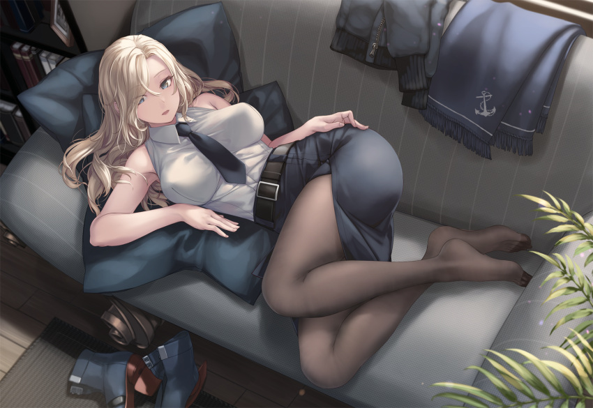 anthropomorphism blonde_hair book couch hornet_(kancolle) kantai_collection long_hair rokuwata_tomoe skirt tie