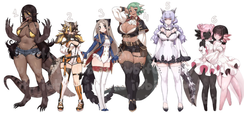 6+girls :d animal_feet animal_hands asymmetrical_legwear bangs bare_shoulders belt black_eyes black_hair black_sclera black_skin blue_hair blunt_bangs boots breasts capelet claws colored_sclera colored_skin commentary cutoffs dark-skinned_female dark_skin detached_sleeves double_bun dress english_commentary frilled_dress frills full_body green_hair grey_hair high_heel_boots high_heels highres horns iwbitu-sa juliet_sleeves large_breasts leotard long_hair long_sleeves long_tongue looking_at_viewer medium_breasts micro_shorts mismatched_legwear monster_girl multiple_girls navel o-ring open_mouth original pink_eyes pink_hair pointy_ears pouch puffy_sleeves short_hair shorts simple_background smile spiked_tail stomach tail thick_eyebrows thigh_boots thighhighs tongue very_long_hair watermark white_background white_dress yellow_eyes zettai_ryouiki