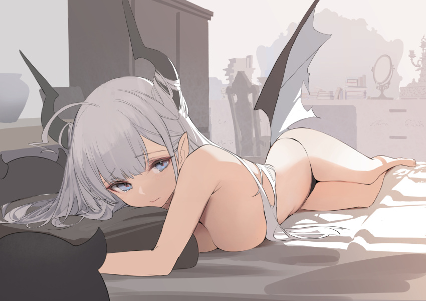 barefoot blue_eyes breasts demon gray_hair horns long_hair nekojira original panties pointed_ears polychromatic topless underwear wings