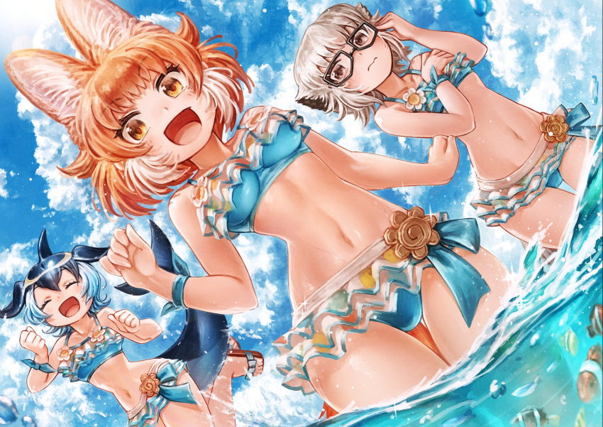 3: 3girls :d adjusting_eyewear alternate_costume animal_ears bare_shoulders bikini black_hair blonde_hair blowhole blue_bikini blue_hair blush bow closed_eyes dog_ears dog_girl dog_tail dolphin_girl dolphin_tail dorsal_fin eyebrows_visible_through_hair footwear_bow frilled_bikini frills glasses grey_hair highres kemono_friends kemono_friends_3 lain light_brown_hair meerkat_(kemono_friends) meerkat_ears meerkat_tail midriff multicolored_hair multiple_girls navel ocean official_alternate_costume open_mouth orange_eyes partially_submerged sandals short_hair sky sleeveless smile spaghetti_strap swimsuit tail thigh_gap two-tone_hair white_hair