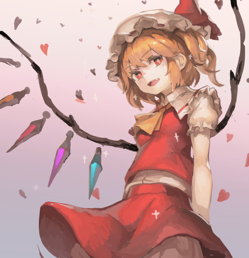1girl :d absurdres arms_behind_back ascot bangs blonde_hair bloomers breasts bright_pupils commentary_request crystal eyebrows_visible_through_hair fang flandre_scarlet frilled_shirt_collar frills from_below gradient gradient_background grey_background hat hat_ribbon highres looking_at_viewer mob_cap one_side_up open_mouth organ_derwald petals puffy_short_sleeves puffy_sleeves red_eyes red_ribbon red_skirt red_vest ribbon short_sleeves simple_background skirt skirt_set small_breasts smile solo touhou underwear vest white_headwear wings yellow_neckwear