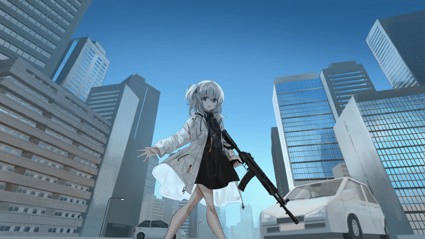 1girl :d ak-12 assault_rifle black_shirt black_skirt blue_sky brown_legwear building car chihuri collared_shirt commentary day grey_eyes grey_hair ground_vehicle gun highres holding holding_gun holding_weapon jacket kalashnikov_rifle long_sleeves looking_at_viewer motor_vehicle one_side_up open_clothes open_jacket open_mouth original outdoors pantyhose rifle shirt skirt sky skyscraper smile solo weapon white_jacket