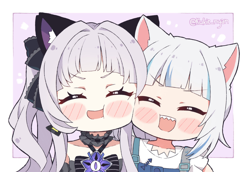 2girls animal_ears blush bow catgirl chibi close gawr_gura goth-loli gray_hair hololive kukie-nyan lolita_fashion murasaki_shion ponytail short_hair watermark