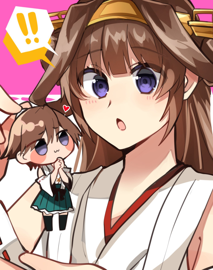 ! !! 1girl ahoge brown_hair character_doll detached_sleeves double_bun hairband headgear hiei_(kancolle) highres japanese_clothes kantai_collection katsuobushi_(eba_games) kongou_(kancolle) long_hair open_mouth purple_eyes ribbon-trimmed_sleeves ribbon_trim solo spoken_exclamation_mark upper_body