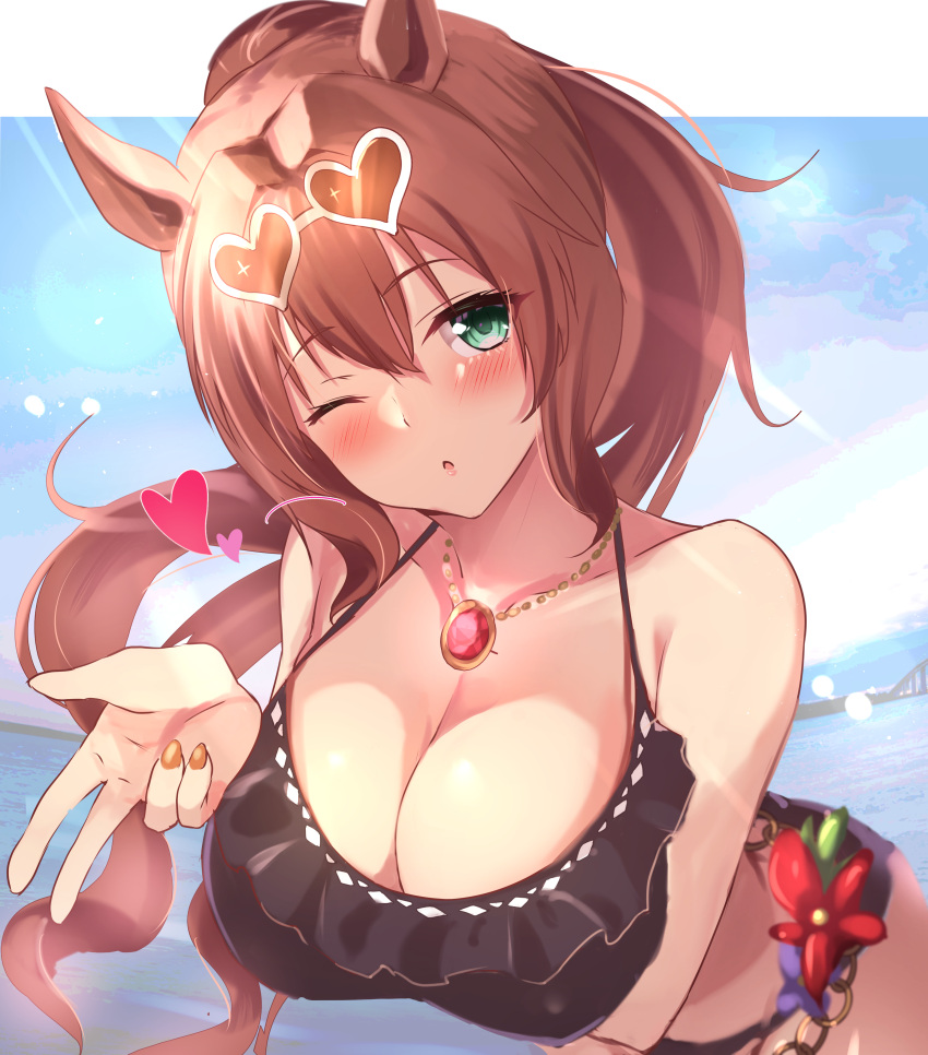 1girl absurdres akazawa_kureha bangs bare_shoulders bikini black_bikini blowing_kiss blush breasts brown_hair cleavage collarbone commentary eyewear_on_head green_eyes heart heart-shaped_eyewear highres horse_girl jewelry large_breasts long_hair looking_at_viewer maruzensky_(umamusume) necklace official_alternate_costume one_eye_closed open_mouth ponytail solo swimsuit umamusume