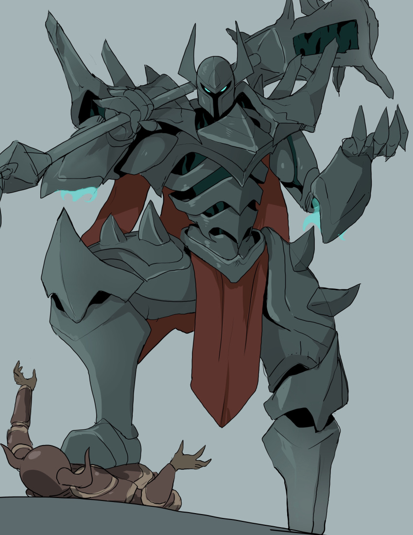 2others absurdres ambiguous_gender armor cape full_armor gauntlets glowing glowing_eyes greaves grey_background helmet highres holding holding_weapon league_of_legends looking_at_viewer mace mordekaiser multiple_others simple_background spiked_armor stepped_on weapon white-stew