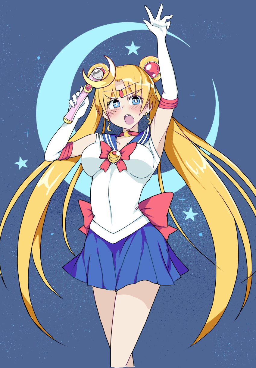 1girl absurdres arms_up bishoujo_senshi_sailor_moon blonde_hair blue_sailor_collar blue_skirt blush_stickers choker circlet cowboy_shot crescent crescent_earrings crescent_moon double_bun earrings elbow_gloves gloves highres holding holding_wand impossible_clothes impossible_shirt jewelry long_hair looking_at_viewer maboroshi_no_ginzuishou magical_girl miniskirt moon moon_stick night night_sky open_mouth pleated_skirt red_choker sailor_collar sailor_moon sailor_senshi_uniform school_uniform serafuku shirt skirt sky solo standing star_(sky) thighs tsukino_usagi very_long_hair wand white-stew