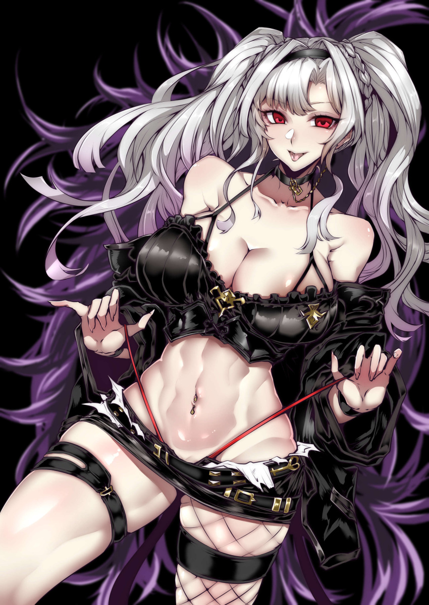 1girl absurdres albino alter_ego_malevolent_(granblue_fantasy) alternate_costume alternate_eye_color alternate_hair_color areola_slip areolae bangs bare_shoulders black_background black_camisole black_choker black_hairband black_jacket black_neckwear black_shorts braid breasts camisole chain choker cleavage commentary_request crop_top dark_persona dutch_angle empty_eyes eyebrows_visible_through_hair eyelashes eyeliner eyeshadow feet_out_of_frame fingernails fishnet_legwear fishnets frills g-string gggg granblue_fantasy grey_hair hairband highleg highleg_panties highres jacket labia large_breasts long_fingernails long_hair long_sleeves looking_at_viewer makeup micro_shorts mons_pubis navel navel_piercing off_shoulder open_mouth pale_skin panties panty_straps panty_tug parted_bangs piercing red_eyes red_panties sharp_fingernails shiny shiny_skin shorts sidelocks silver_hair single_thighhigh skindentation smile solo spaghetti_strap standing stomach thigh_strap thighhighs thong tongue tongue_out twintails underwear wristband zeta_(granblue_fantasy)