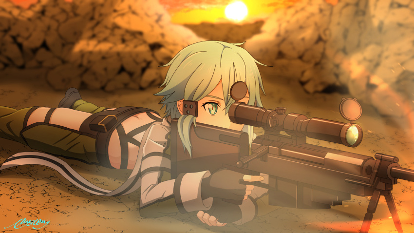 1girl aiming anti-materiel_rifle bangs belt_pouch black_footwear black_gloves black_shorts blue_eyes blue_hair blurry blurry_background butt_crack chaps cloud commentary fingerless_gloves firing gloves green_jacket green_legwear gun hair_between_eyes hair_ornament hairclip highres holding jacket long_sleeves lying mysteryctu on_stomach outdoors pgm_hecate_ii pouch rifle scarf shadow shoes short_hair short_hair_with_long_locks short_shorts shorts sidelocks signature sinon sniper_rifle solo sunset sword_art_online trigger_discipline weapon