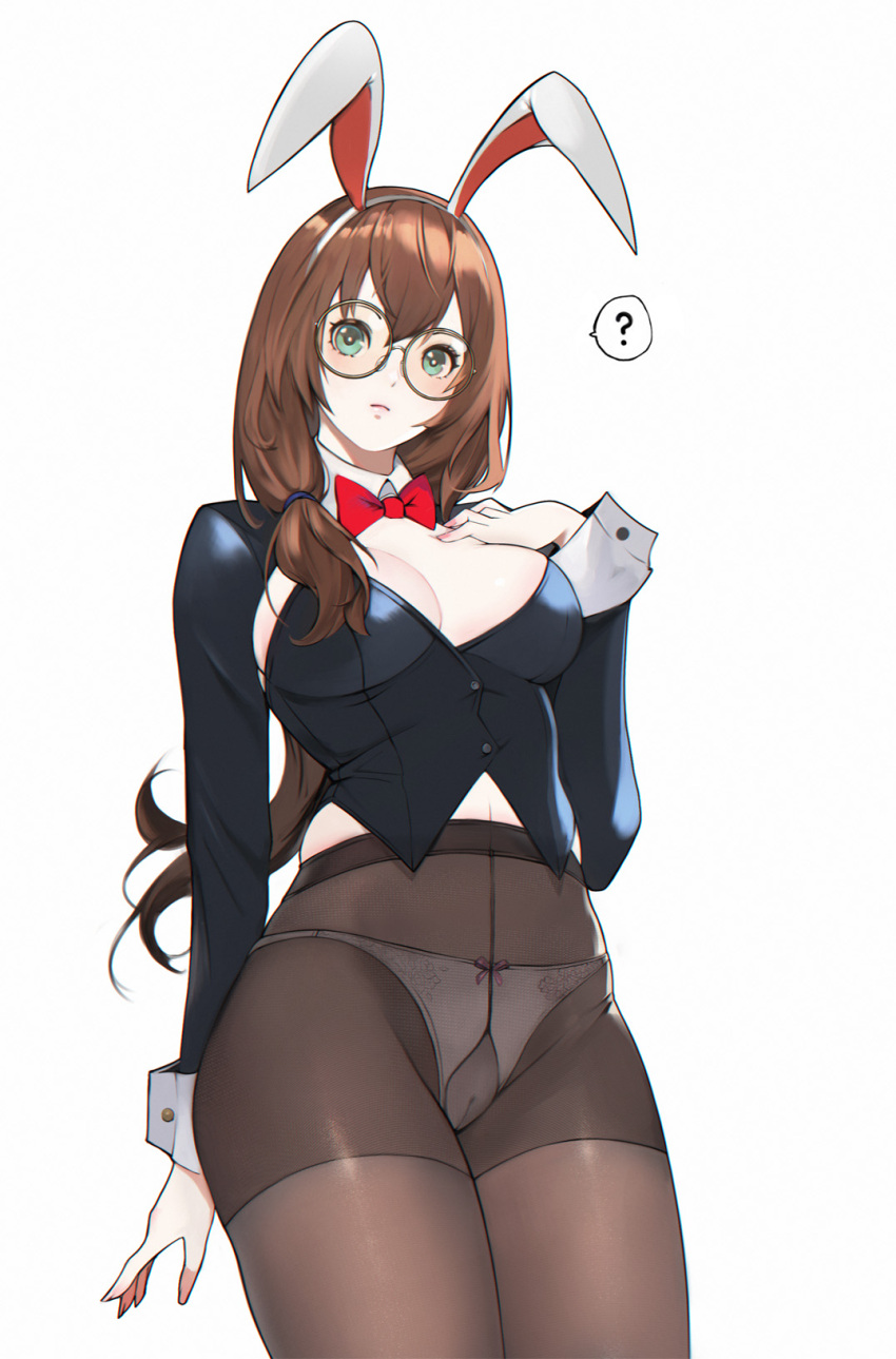 1girl ? animal_ears bangs bobobong bow bowtie breasts breasts_apart brown_hair bustier cameltoe closed_mouth collar commentary cowboy_shot detached_collar eyelashes fake_animal_ears glasses green_eyes groin gusset hand_on_own_chest hand_up high-waist_pantyhose highleg highleg_panties highres large_breasts long_hair looking_at_viewer low_ponytail midriff_peek one_side_up original panties panties_under_pantyhose pantyhose playboy_bunny rabbit_ears red_neckwear round_eyewear shiny shiny_hair simple_background solo speech_bubble underwear white_background white_collar white_panties wing_collar wrist_cuffs