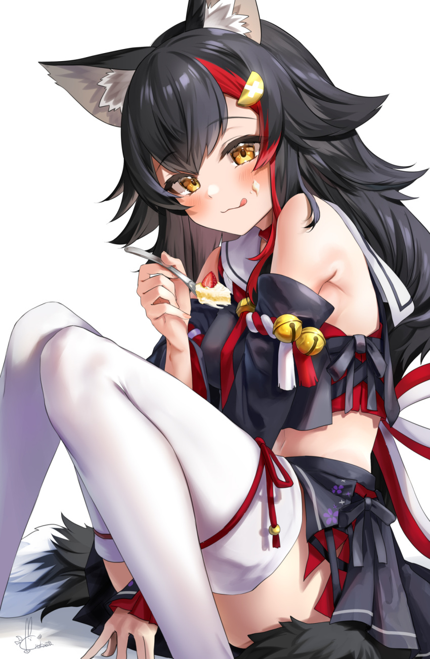 1girl animal_ear_fluff animal_ears bangs bell black_hair blush cake cake_slice commentary eating eyebrows_visible_through_hair food food_on_face fork hair_ornament hairclip highres holding holding_fork hololive kito_koruta licking_lips looking_at_viewer midriff multicolored_hair navel ookami_mio red_hair signature sitting solo strawberry_slice streaked_hair tail thighhighs tongue tongue_out virtual_youtuber wolf_ears wolf_girl wolf_tail yellow_eyes