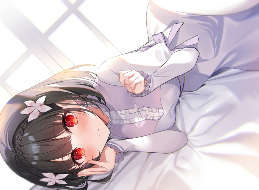 bed black_hair blush bow braids dress kisaragi_yuri polychromatic red_eyes ribbons ryeini_cyan short_hair tensei_oujo_to_tensai_reijou_no_mahou_kakumei