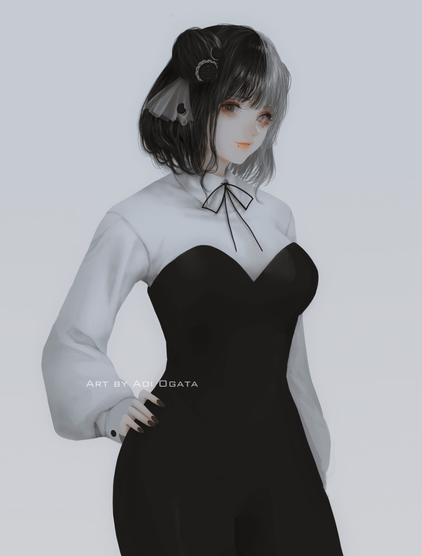 1girl aoi_ogata artist_name black_dress black_eyes black_hair black_nails black_ribbon closed_mouth collared_shirt commentary commission double_bun dress eiko_orihime english_commentary grey_background grey_eyes grey_hair hand_on_hip heterochromia highres indie_virtual_youtuber long_sleeves looking_at_viewer mole mole_under_mouth multicolored_hair nail_polish neck_ribbon puffy_long_sleeves puffy_sleeves red_lips ribbon shirt simple_background sleeves_past_wrists smile solo strapless strapless_dress two-tone_hair virtual_youtuber white_shirt