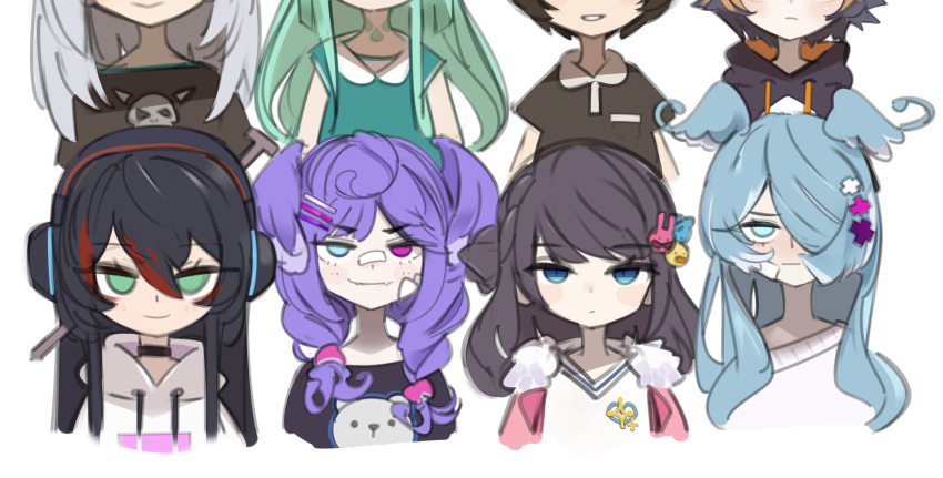 6+girls ban_hada bandaid bandaid_on_nose black_hair blue_eyes blue_hair collarbone elira_pendora expressionless finana_ryugu green_eyes grey_hair hair_ornament hair_over_one_eye hairclip head_wings heterochromia highres hood hoodie hyona_elatiora jacket jitome looking_at_viewer mika_melatika multicolored_hair multiple_girls nijisanji nijisanji_en nijisanji_id nijisanji_kr off_shoulder one_eye_covered onionsketch petra_gurin pink_jacket purple_hair red_eyes red_hair selen_tatsuki side_bun song_mia streaked_hair sweater virtual_youtuber white_hoodie white_sweater