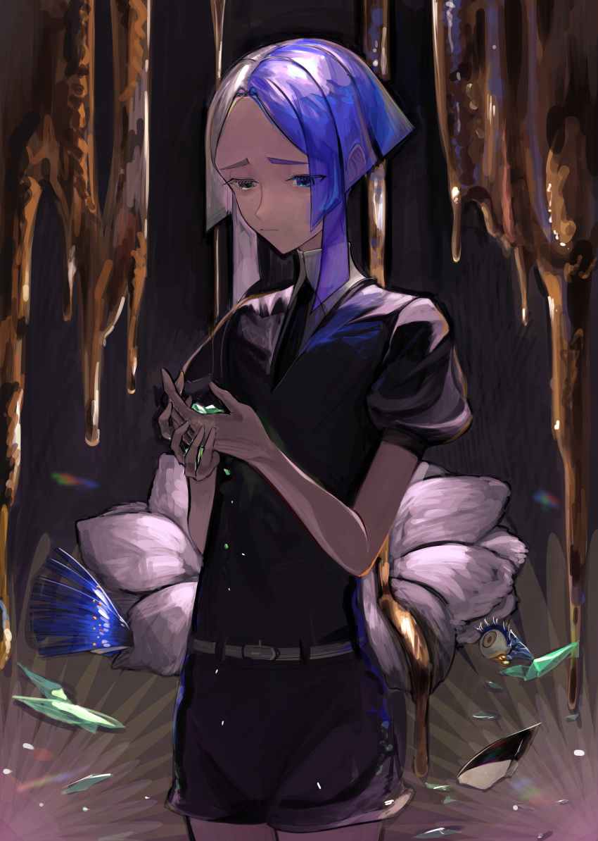 1other absurdres androgynous black_neckwear blue_hair commentary_request euclase_(houseki_no_kuni) gem_uniform_(houseki_no_kuni) gold highres houseki_no_kuni molten_metal multicolored_hair necktie phosphophyllite_(ll) ra_9rara shards shirt short_hair short_hair_with_long_locks short_sleeves shorts