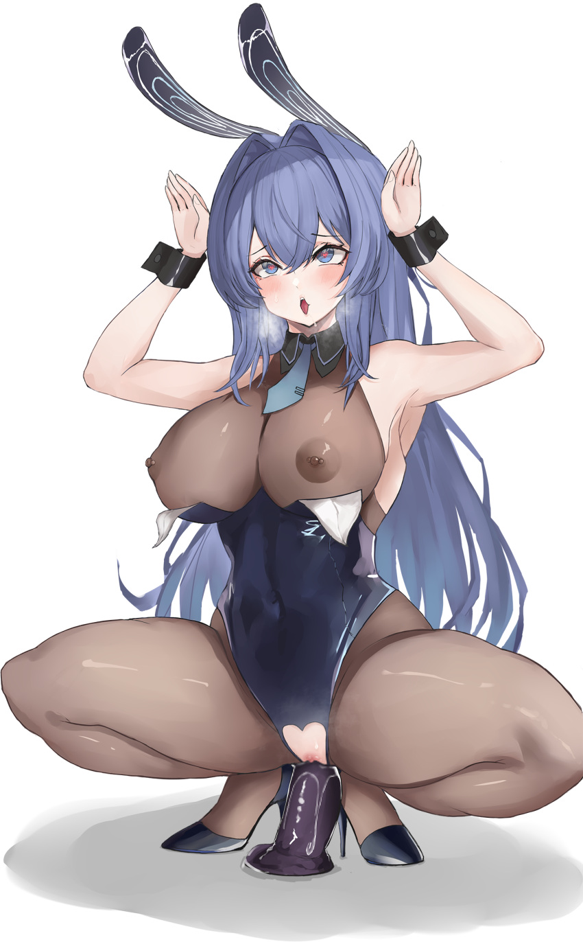 animal_ears azur_lane bilei bodysuit bunny_ears bunny_girl dildo heels masturbation new_jersey_(azur_lane) nipples no_bra nopan pussy pussy_juice see_through uncensored