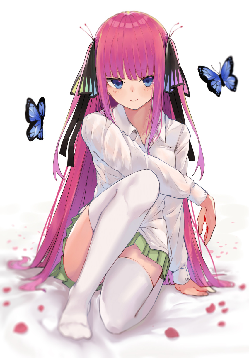 1girl bangs black_ribbon blue_eyes blunt_bangs blush breasts bug butterfly butterfly_hair_ornament commentary elbow_on_knee epeulu_(ate5424) go-toubun_no_hanayome green_skirt hair_ornament highres hime_cut knee_up korean_commentary large_breasts long_hair long_sleeves looking_at_viewer mixed-language_commentary nakano_nino petals pink_hair ribbon school_uniform shirt simple_background sitting skirt smile thick_thighs thighhighs thighs twintails very_long_hair white_background white_legwear white_shirt zettai_ryouiki