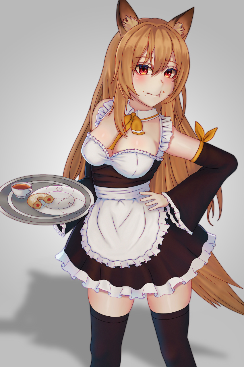 absurd_fox animal_ears arknights ceobe_(arknights) inumimi maid no_bra tail thighhighs