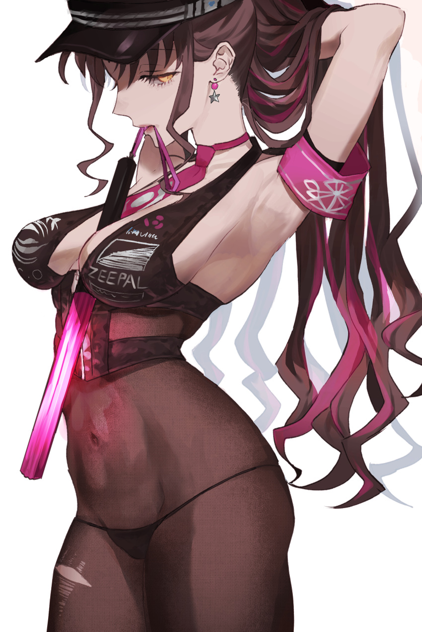 1girl absurdres armpits arms_behind_head arms_up bangs bare_shoulders between_breasts bikini black_bikini black_gloves black_hair black_headwear black_legwear blush breasts cleavage covered_navel earrings facial_mark fate/grand_order fate_(series) fingerless_gloves forehead_mark gloves halter_top halterneck hat highres huge_filesize jewelry jun_(nad-j) large_breasts long_hair looking_at_viewer mouth_hold multicolored_hair necktie pantyhose parted_bangs pink_hair pink_neckwear police_hat ponytail sesshouin_kiara sesshouin_kiara_(swimsuit_mooncancer)_(fate) streaked_hair swimsuit thighs traffic_baton tying_hair very_long_hair yellow_eyes
