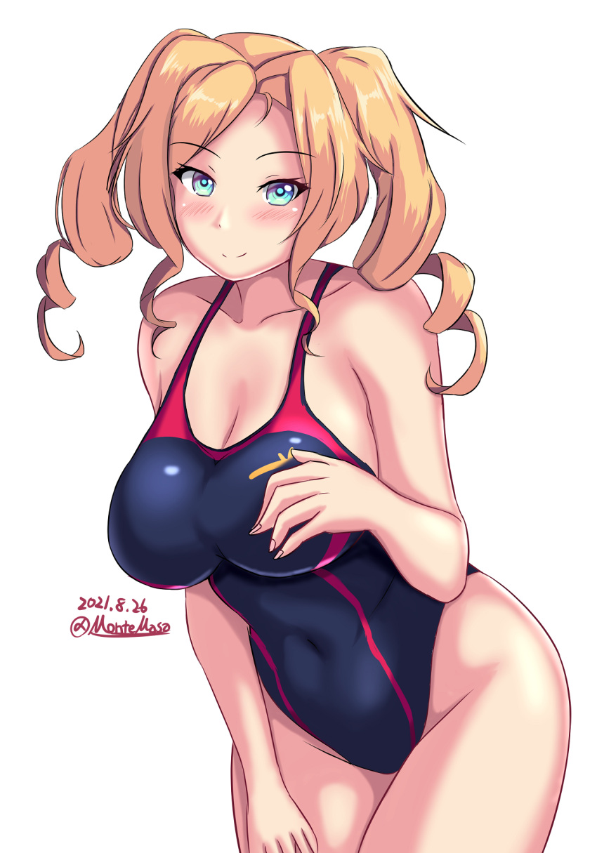 1girl black_swimsuit blonde_hair blue_eyes breasts cleavage competition_swimsuit cowboy_shot dated drill_hair highres honolulu_(kancolle) kantai_collection large_breasts long_hair looking_at_viewer montemasa multicolored multicolored_clothes multicolored_swimsuit one-hour_drawing_challenge one-piece_swimsuit simple_background smile solo swimsuit twin_drills twintails twitter_username white_background