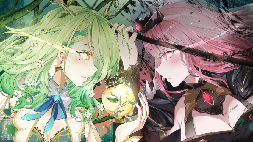 2girls absurdres apple bangs branch breasts ceres_fauna cleavage flower food fruit glowing glowing_eyes green_hair hair_flower hair_ornament highres hololive hololive_english holomyth long_hair mori_calliope multiple_girls pink_eyes pink_hair tiara veil virtual_youtuber yellow_eyes zikryzero