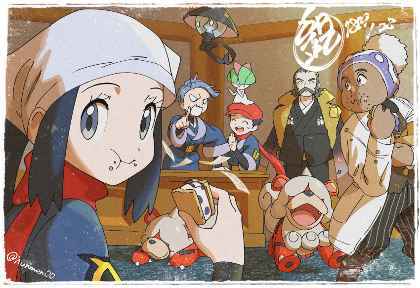 2girls 3boys :t akari_(pokemon) beanie black_hair black_undershirt border buttons closed_mouth cyllene_(pokemon) eating eyelashes facial_hair food food_on_face gen_3_pokemon gen_5_pokemon grey_eyes grey_hair hand_up hat head_scarf highres hisuian_form hisuian_growlithe holding hungry_seishin indoors jacket kamado_(pokemon) labcoat lampent laventon_(pokemon) long_hair looking_at_viewer multiple_boys multiple_girls mustache number pointing pokemon pokemon_(creature) pokemon_(game) pokemon_legends:_arceus ponytail ralts red_headwear red_scarf rei_(pokemon) scarf short_hair sidelocks standing twitter_username white_border white_headwear