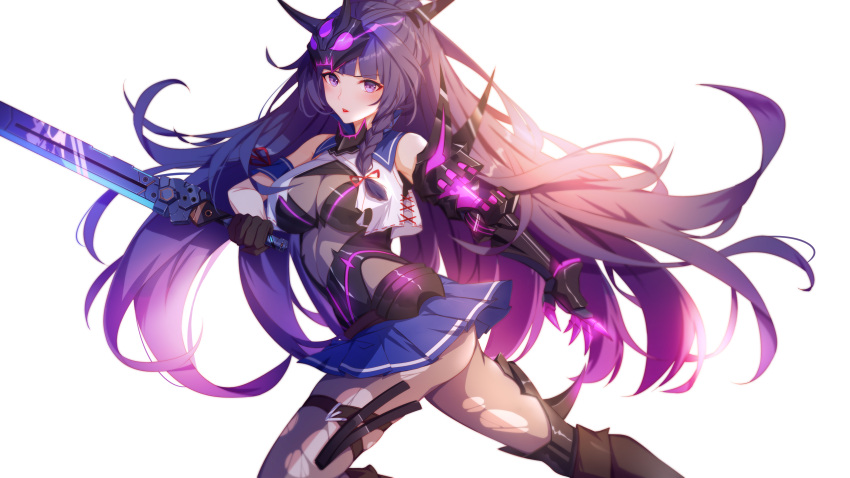 1girl :o absurdres bangs black_footwear black_gloves blue_skirt boots breasts cleavage gauntlets gloves highres holding holding_sword holding_weapon honkai_(series) honkai_impact_3rd katana long_hair looking_at_viewer mask open_mouth purple_eyes purple_hair raiden_mei raiden_mei_(lightning_empress) simple_background single_gauntlet skirt solo sword torn_clothes torn_legwear weapon white_background wu_ganlan_cai